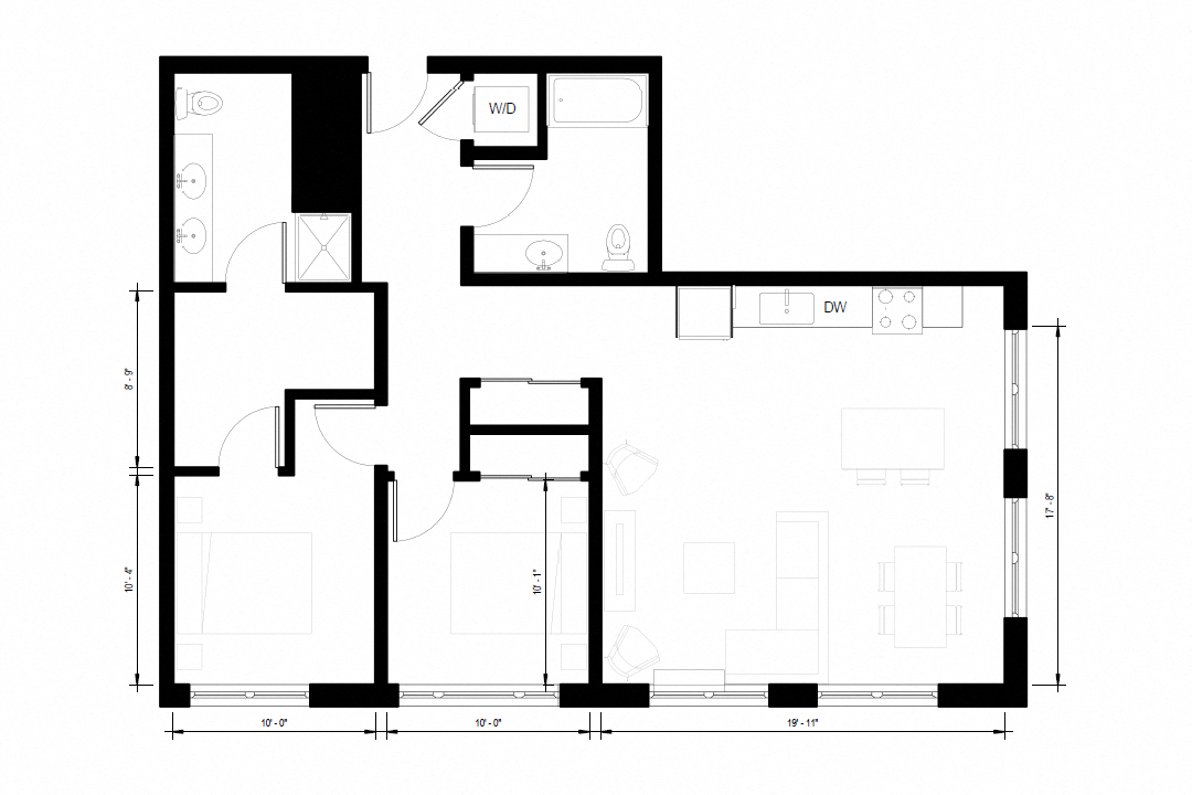Floor plan for 2 beds, 2 baths, 1157 sqft